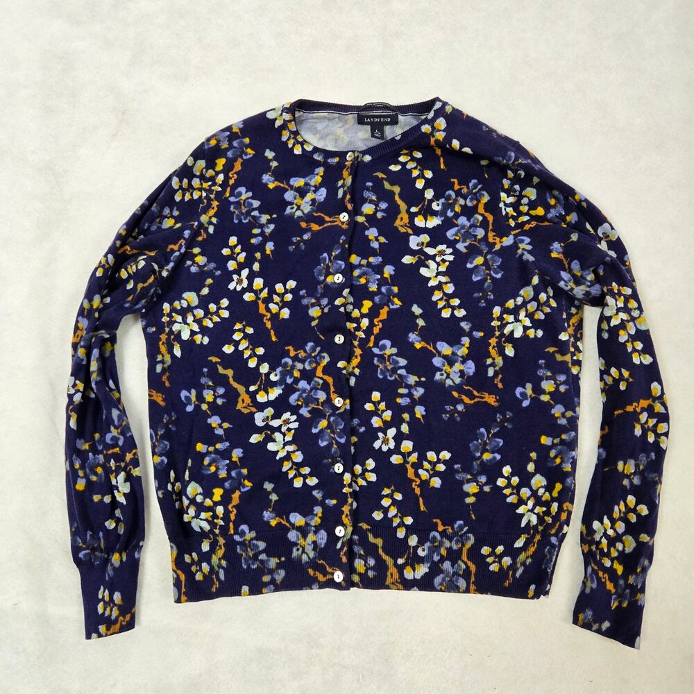 Lands End Women’s Supima Cotton Sweater Cardigan Blue Tan Floral Size Large